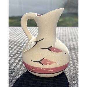 Native American 13 BROKEN ARROW Signed Pottery Vase Creamer Pink Blue Southwest